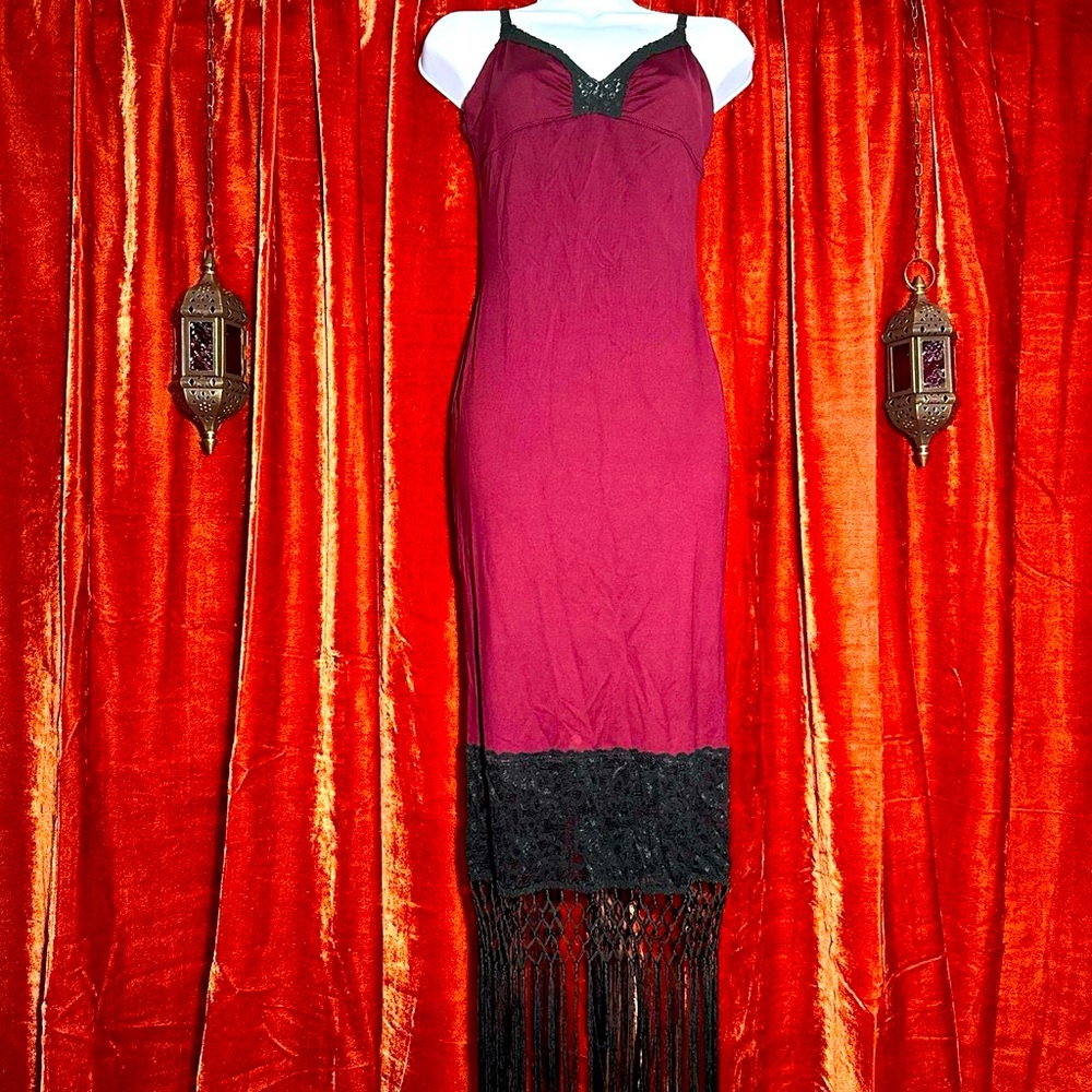 Vintage 1990’s burgundy Betsey Johnson slip maxi dress with fringe and lace